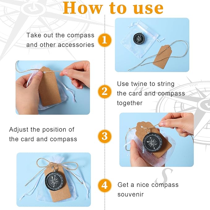 TaoBary 60 Pcs Compasses Valentines Day Wedding Party Favors Set, 2026 Mini Compass Souvenir Nautical with Kraft Tags and Organza Bag for Guests Birthday Nautical Travel Party Souvenir Gift(Black)