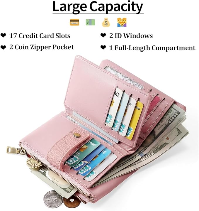 Practical Genuine Leather Wristlet Wallet for Women with Double Zipper Coin Purse and Card Organization (Pink)
