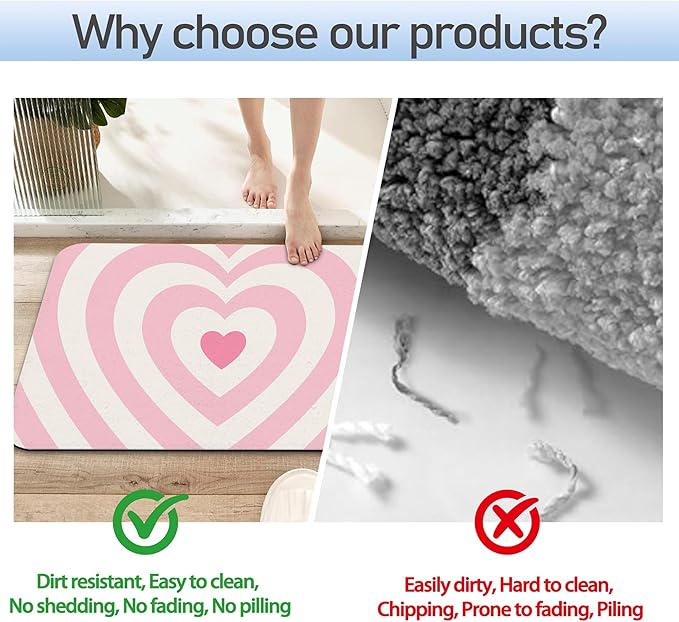 Pink Love Heart Bathroom Rug 29.5"x17", Super Absorbent Fast Drying Bath Mat with Non-Slip Rubber Backing, Thin Low-Profile Easy-Clean Bathroom Floor Mat for Shower or Tub