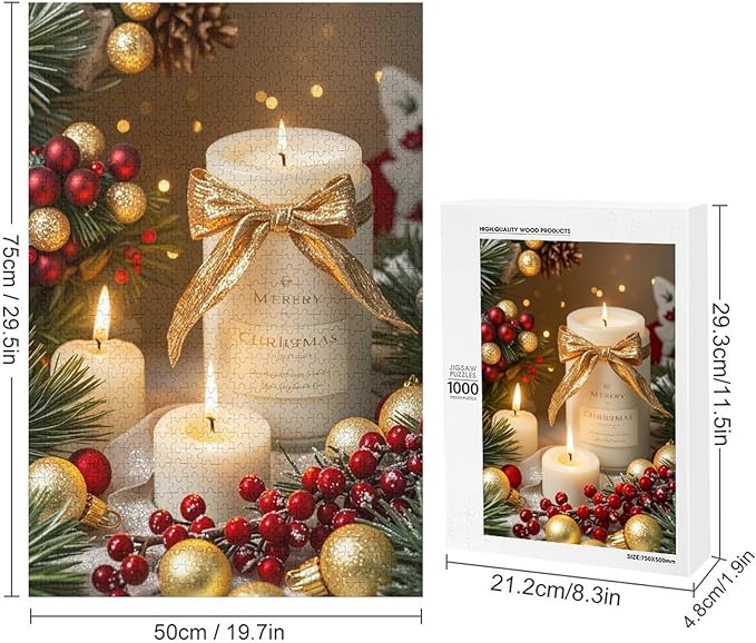 Wooden Puzzles 1000 Piece，Christmas Atmosphere Candle Light, Merry Christmas Themed Jigsaw Puzzles，Funny Puzzles，Stress Relief Games，Puzzle Games Challenge Puzzles