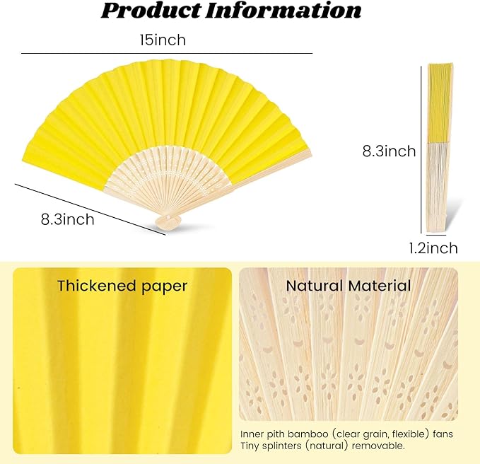 JOHOUSE 12 Pcs Paper Folding Hand Fans, 8.3 Inch Lemon Yellow Paper Fans Handheld Portable Decorative Accessories for Wedding, Lemon Party Decorations, Bridal Shower DIY Crafts
