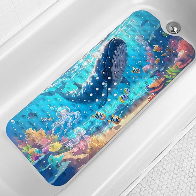 LNOND Bath Mat for Tub for Kids, Ocean Bathtub mat Non Slip,Blue Whales Bath Mats for Bathroom Non Slip with Drain Holes and Suction Cups,Machine Washable (40 X 16 Inch)