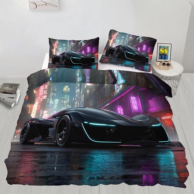 Supercar Duvet Cover Oversized King Sports Car Bedding Set Sci-Fi Racing Car Comforter Set Neon Cityscape Quilt Cover with Zipper Ties for Bedroom