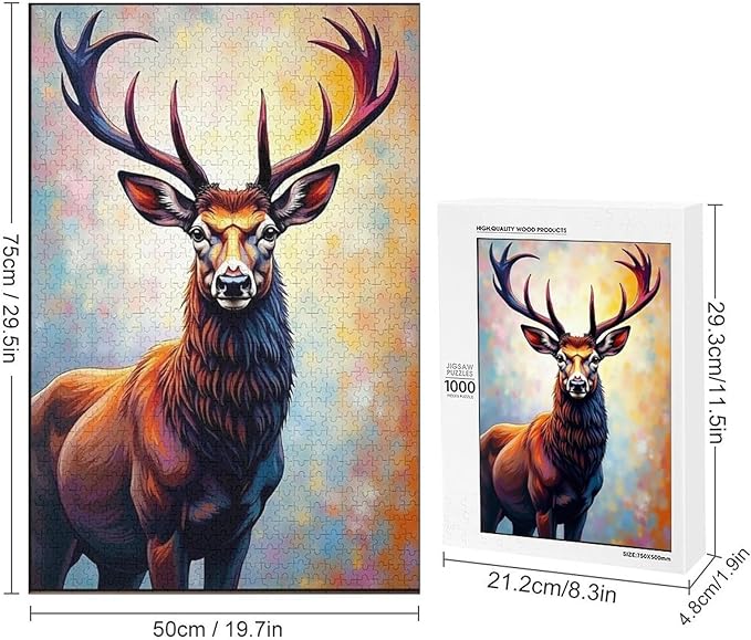 Wooden Puzzles 1000 Piece，Color Abstract Deer Painting Themed Jigsaw Puzzles，Family Puzzles，Unique Gifts for Wall Art，Funny Puzzles，Stress Relief Games，Puzzle Games