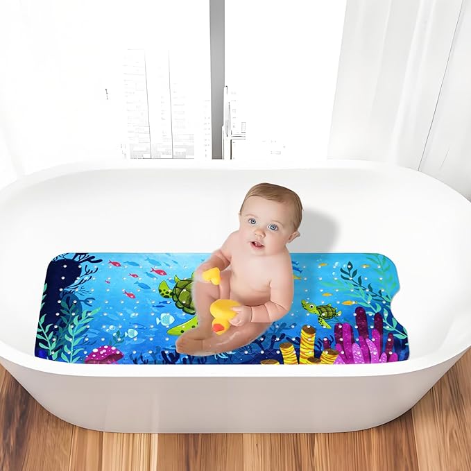 Vanleonet Baby Bath Mat for Tub, 40''x17'' Extra Long Bathtub Mat Non Slip, Bathtub Mat Non Slip Kids with Suction Cups & Drain Holes, Machine Washable, Sea Turtle