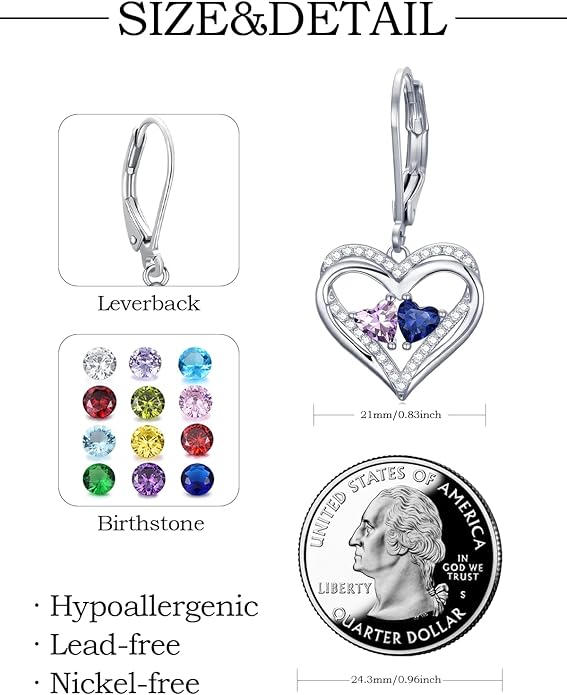Heart Leverback Earrings Double Birthstone Dangle Earrings for Women, Love Jewelry for Her, Christmas Gifts for Women, Anniversary Birthday Gift for Mom Wife Girlfriend
