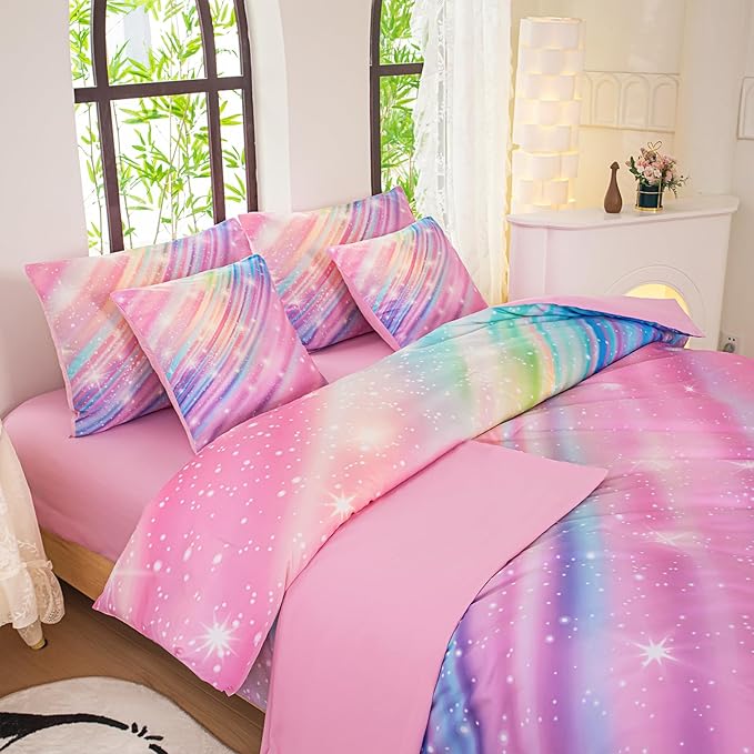 Twin Comforter Set for Girls Galaxy Bedding 7pieces, Ombre Bedding Comforter Sets Rainbow Comforter, Twill Pink
