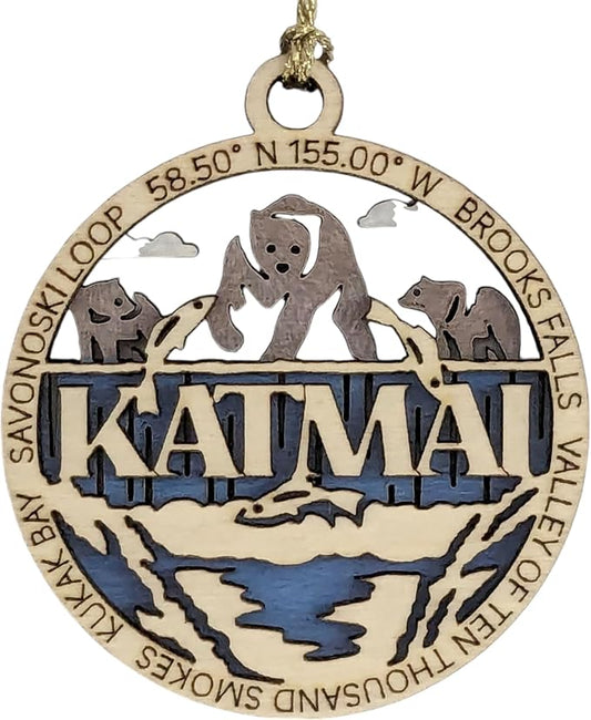 Katmai National Park Handcrafted Wood Ornament - 3" Bear Scene Christmas Decoration, Laser Cut in USA