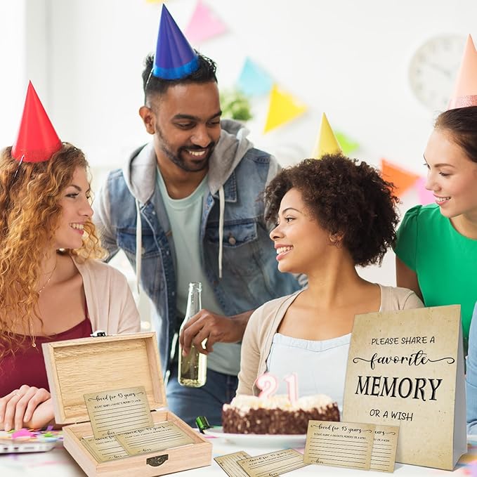 45th Birthday Party Share a Memory Set, 1981 Birthday Gifts for Women Men, 1981 Wooden Share A Memory Box with Memory Sign and 50 Pcs Memory Cards, 1981 Birthday Gifts, 45th Birthday Party Decorations