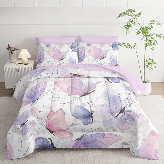 7Pcs Comforter Set Butterflies Printed Bedding Set with 1 Comforter, 1 Flat Sheet, 1 Fitted Sheet and 4 Pillowcases for Boys and Girls Bedroom All Season(Butterflies-2 Queen)