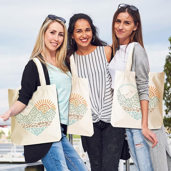 jeilink Cute Mountain Adventure Sunshine Canvas Tote Bag Camping Gifts Weekender Grocery Bags for Women Girls