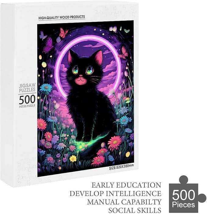 Jigsaw Puzzles for Adults 500 Piece - Black Cat Under The Moon Themed Wooden Puzzles，Educational Games，Family Puzzles，Unique Gifts for Wall Art ，Funny Puzzles，Stress Relief Games，Puzzle Games