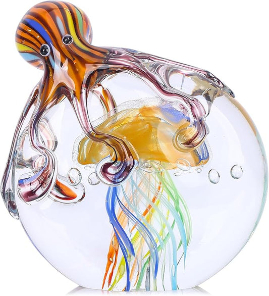 LCCCK Glass Octopus Jellyfish Statue Home Decor, Hand Blown Glass Decor Ocean Figurines Octopus Sculpture, Murano Art Office Desk Paperweights Fish Tank Aquarium Sea Animals Christmas Birthday Gift