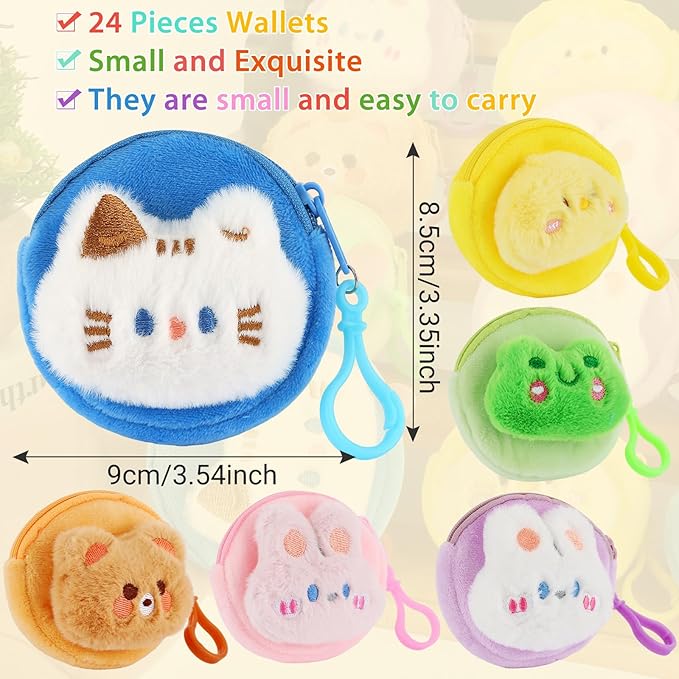 24 Pcs Cute Coin Purse for Women, Kawaii Plush Coin Pouch, Mini Wallet with Zipper Keychain, Small Change Purse for Women on Back to School Halloween Christmas Exchange Gifts