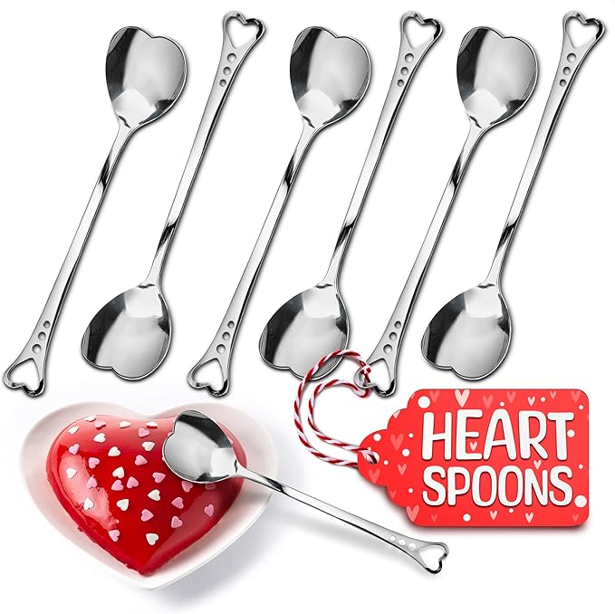 5.6'' Sugar Spoon - Heart Spoons for Coffee Set of 6 Stainless Steel Design, Valentines Spoons for Gifting – Cute Spoon for Coffee, Tea, Cocktails, Ice Cream and Desserts | Elegant Table Decor