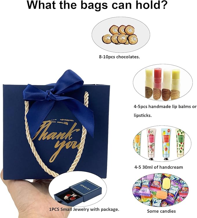 TKSBAG 100 Pack Small Thank You Gift Bags with Handles, 5.5''x 2.5''x4.7'' Mini Navy Blue Gift Bags Bulk for Baby Shower, Birthday, Wedding, Party Favors, Back to School, Summer Party