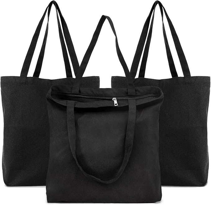 Segarty Black Canvas Tote Bag, 3 Packs 16x15 inch Canvas Bags with Zipper, 12Oz Heavy Duty Reusable Washable Grocery Shopping Bag with Handle, Blank Cotton Bags for Kids DIY Crafts Painting Bulk