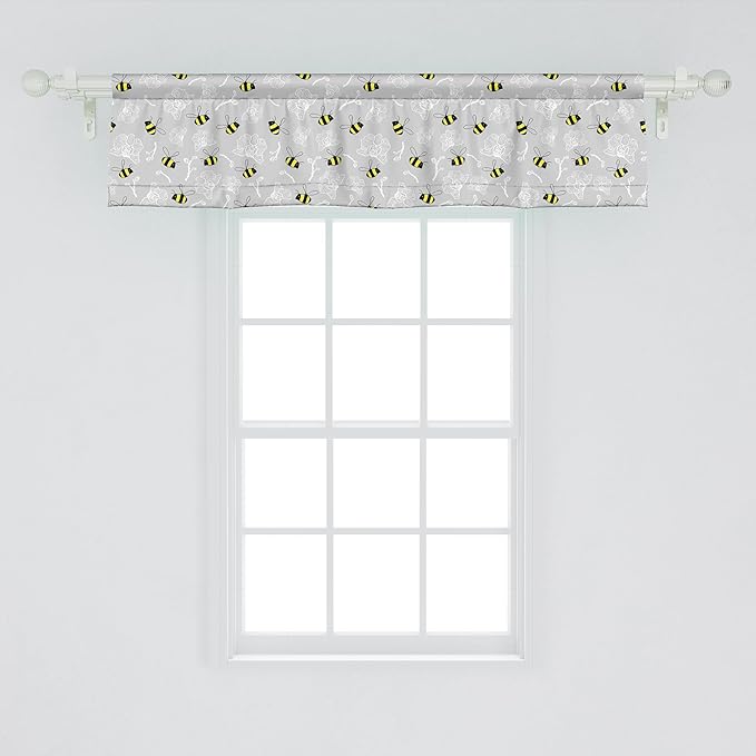 Ambesonne Entomology Window Valance, Print of Bumblebee Buzzing Around Orchids, Curtain Valance for Kitchen Bedroom Decor with Rod Pocket, 42" x 12", Yellow Charcoal