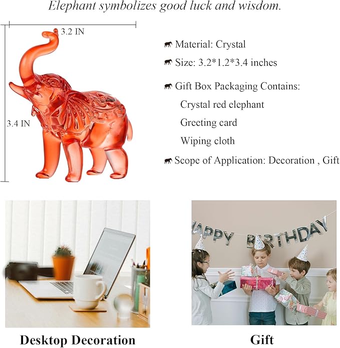 Crystal Elephant Figurine Home Decor, Glass Statue Gifts, Crystal Animals Collectible Tabletop Decoration Elephant Sculpture with Trunk Up (Red)