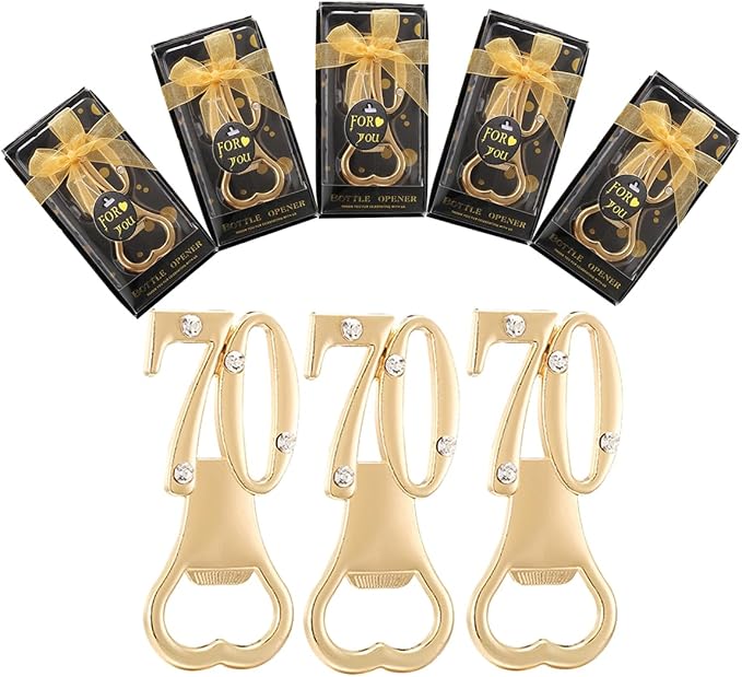 Baseo 24 Pack Gold 70th Bottle Opener Birthday Favors 70th Birthday Party Favors 70th Gold Birthday Party Gifts 70th Birthday Party Souvenirs or Decorations for Guests (Black Gold 70)
