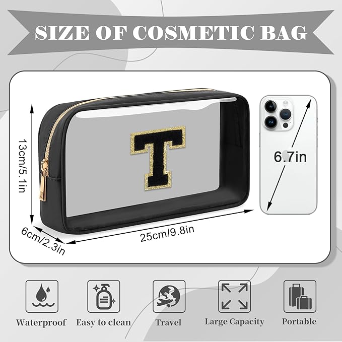 Personalized Initial Letter Clear Makeup Bag,Preppy Small Nylon&PVC Cosmetic Zipper Bag with Chenille Letter,Travel Skincare Toiletry Bag,Monogram Christmas Gift for Teen Girls Women,T
