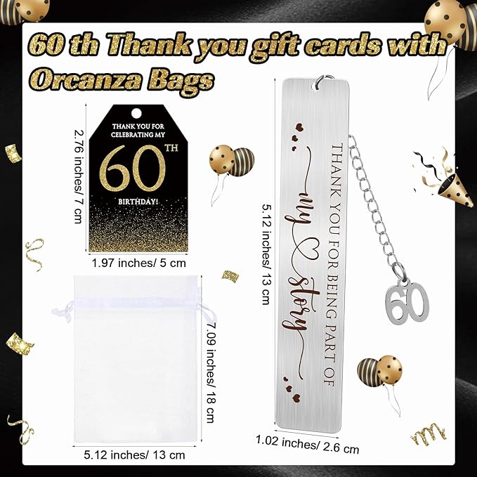 25 Sets Birthday Favors for Guests 25 Thanks for Coming Ballpoint Pens 25 Bookmarks 25 Cards with Organza Bag for Adult Birthday Anniversary Party Souvenir(Metal-60th)