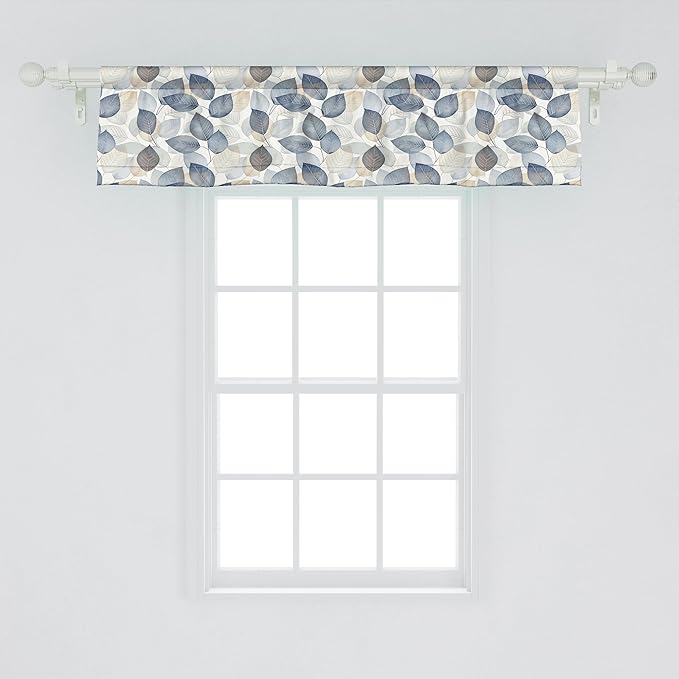 Ambesonne Autumn Leaves Window Valance Pack of 2, Urban Jungle Themed Falling Pale Tone Leafy Peduncles Pattern, Rod Pocket Curtain Valances for Kitchen Bedroom, 54" X 12", Dark Night Blue and Beige