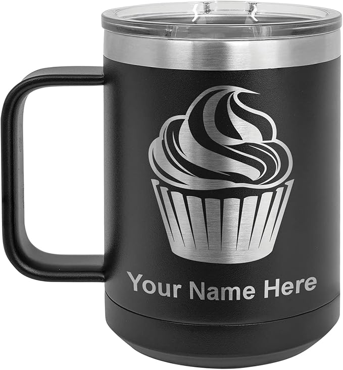 LaserGram 15oz Vacuum Insulated Coffee Mug, Cup Cake, Personalized Engraving Included (Black)