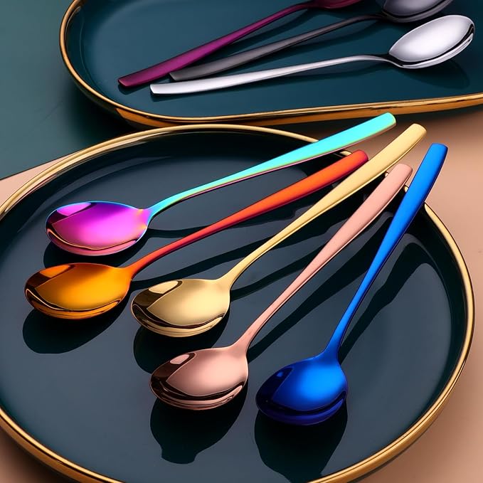 Metal Round Spoons, 8 inch Stainless Steel Reusable Long Handle Korean Soup Spoons, Table Dinner Desert Spoon Set of 8 (Blue)