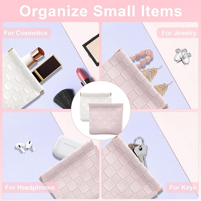 4PCS Small Makeup Bag for Purse, Mini Leather Pocket Cosmetic Bag for Women, Waterproof Portable Makeup Pouch No Zipper Coin Purse Lipstick Bag Accessories, Checkered Travel Storage Bag(White, Pink)