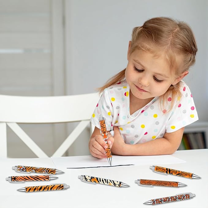 Idealmuzik Tiger Print Pens Set – Wild Animal Pattern Gel Pens for Kids, Teens, and Adults – Stylish Orange & Black Tiger Stripe Stationery for School, Office, Journaling, and Gift Giving, 8 Pack