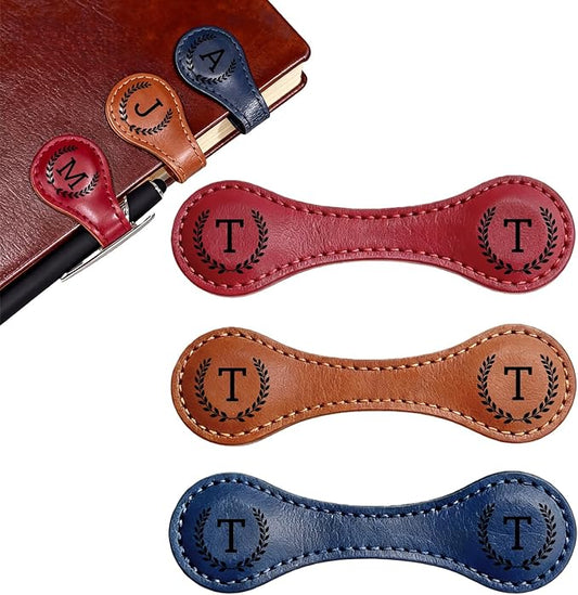 3PCS Personalized Magnetic Leather Bookmark, 26 Letters Custom Bookmarks, Customized Engraved Name Initial Book Mark for Book Lovers Readers Teachers Women Men, T