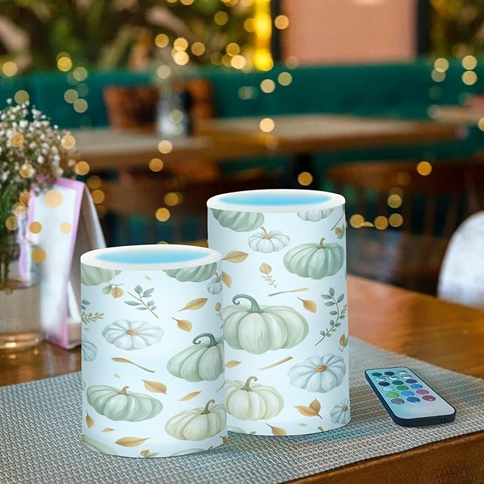 Green Pumpkin Autumn Fall Flickering Flameless Candles Battery Operated with Remote Timer,Tea Light Candles LED Pillar Votive Candles Set of 2 for Outdoor Indoor Decorations