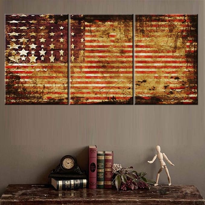 American Flag Wall Decor Patriotic Pictures Grunge Stars Stripe Paintings 3 Piece Canvas Wall Art for Living Room Contemporary Artwork Home Decor Framed Ready to Hang Posters and Prints(60''Wx28''H)
