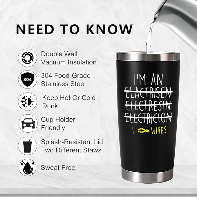 Electrician Gifts for Men - Funny Electrician Gifts for Electricians Men - 20oz Electrician Tumbler for Man or Male