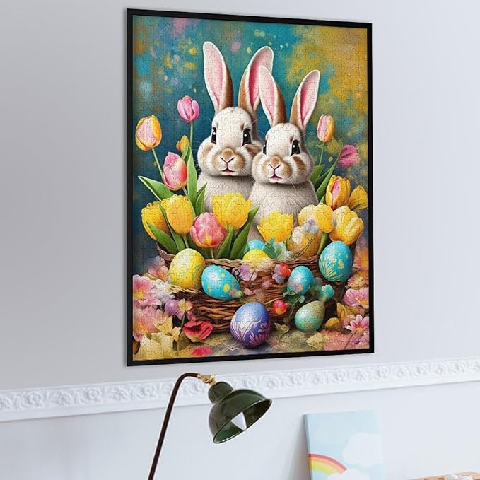 Wooden Puzzle - Easter Tulips Bunny Jigsaw Puzzles，Wooden Puzzles for Adults 1000 Pieces Unique Gifts for Wall Art，Challenge Puzzles，Educational Games，Family Puzzles