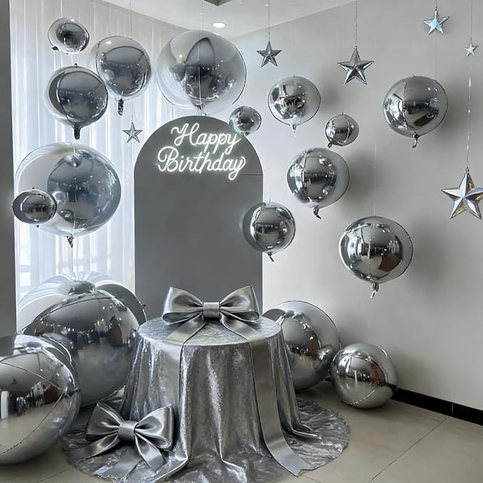 12PCS Silver Foil Balloons 22in 15in 10in Different Sizes Large Silver Foil Metallic Balloons 4D Round Chrome Balloon for Graduation New Year Birthday Party Decorations