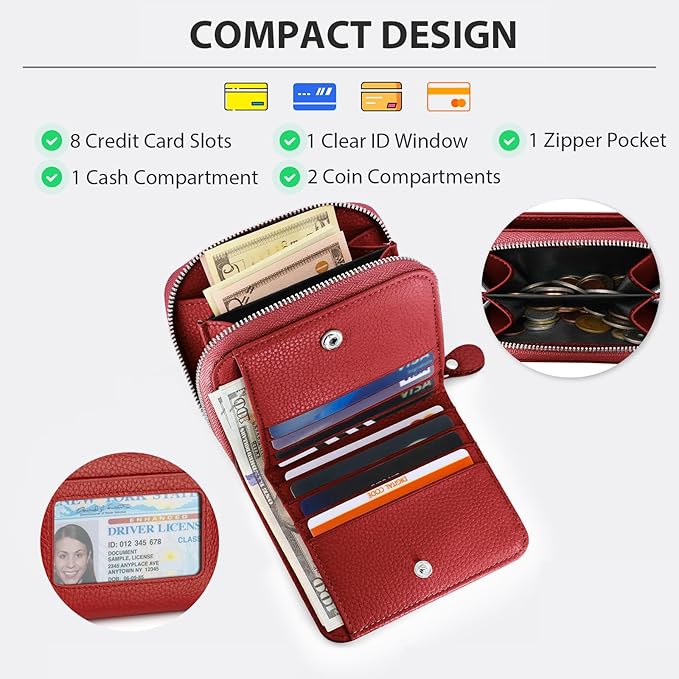 Genuine Small Wallet for Women, Slim RFID Blocking Credit Card Holder with ID Window, Compact Purses for Women with 10 Card Slots