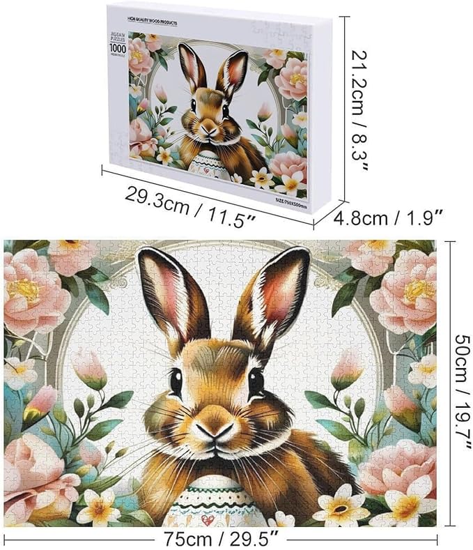 Wooden Puzzle - Easter Bunny with Flower Easter Egg Jigsaw Puzzles，Wooden Puzzles for Adults 1000 Pieces Challenge Puzzles，Educational Games，Family Puzzles，Unique Gifts for Wall Art