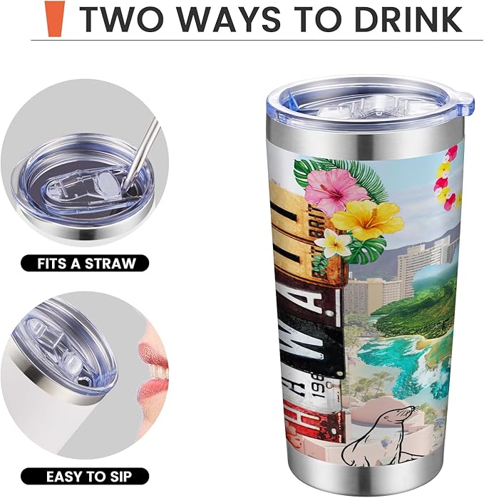 20oz Insulated Tumbler Hawaii State Coffee Mug, United States Map Travel Mug Landmark, Birthday Gifts Cute Custom Tumbler Cups with Lid and Straw Mothers Day Gifts