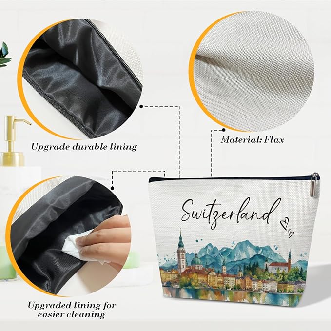 Switzerland Trip Gifts Makeup Bag, City Travel Cosmetic Bag for Purse, Watercolor Gifts, Switzerland Souvenir, Trip Favors for Traveller Lovers, City Themed Organizer