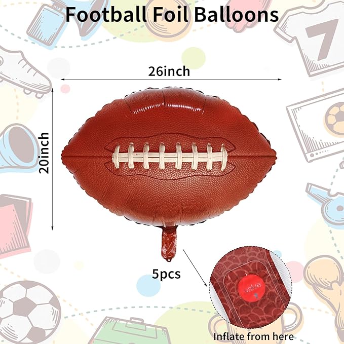 5 Pieces Large Football Party Balloons, Brown Football Shaped Mylar Foil Balloons Sports Theme Party Decorations for Boys Men Football Fans Tailgate Birthday Party Sport Decorations Supplies
