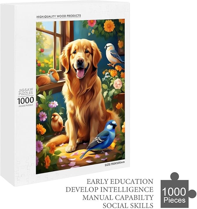 Wooden Puzzle - Garden Golden Retriever Jigsaw Puzzles，Wooden Puzzles for Adults 1000 Pieces Challenge Puzzles，Educational Games，Family Puzzles，Unique Gifts for Wall Art