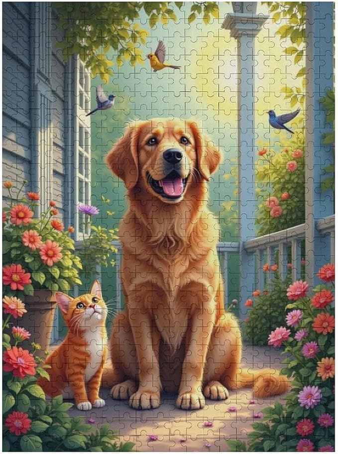 Wooden Puzzle - Garden Golden Retriever Jigsaw Puzzles，Wooden Puzzles for Adults 500 Pieces Challenge Puzzles，Educational Games，Family Puzzles，Unique Gifts for Wall Art