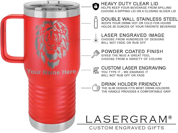 LaserGram 20oz Vacuum Insulated Travel Mug with Handle, Cup Cake, Personalized Engraving Included (Red)
