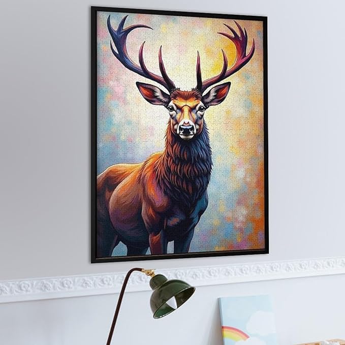 Wooden Puzzles 1000 Piece，Color Abstract Deer Painting Themed Jigsaw Puzzles，Family Puzzles，Unique Gifts for Wall Art，Funny Puzzles，Stress Relief Games，Puzzle Games
