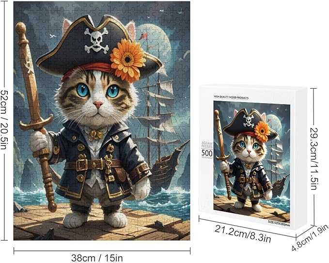 Wooden Puzzle - Classic Pirate Cat Leader Jigsaw Puzzles，Wooden Puzzles for Adults 500 Pieces Challenge Puzzles，Educational Games，Family Puzzles，Unique Gifts for Wall Art
