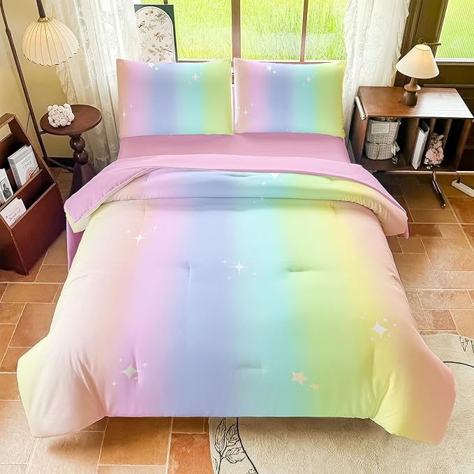 Rainbow Bedding Set Full Size – 5 Piece Reversible Girls Comforter with Deep-Pocket Sheet, Gradient Galaxy Design, Whole-Piece Filling, Machine Washable Bed-in-a-Bag for Kids Room Makeover & Gifts