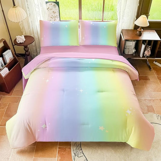 Rainbow Bedding Set Full Size – 5 Piece Reversible Girls Comforter with Deep-Pocket Sheet, Gradient Galaxy Design, Whole-Piece Filling, Machine Washable Bed-in-a-Bag for Kids Room Makeover & Gifts