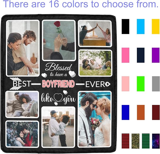 Custom Blanket Gifts for Boyfriend, Customized Blankets with Photos, Make a Personalized Bed Throws, Custom Souvenir Throw Blanket for Best Boyfriend Ever, 8 Collages Made in USA